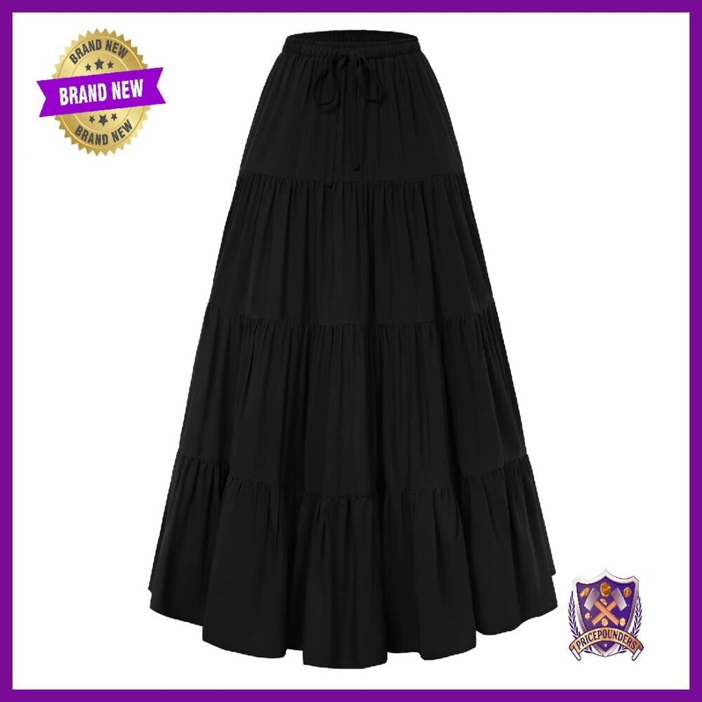 Flowy Tiered Maxi Skirt with Pockets Elastic Waist Renaissance Style